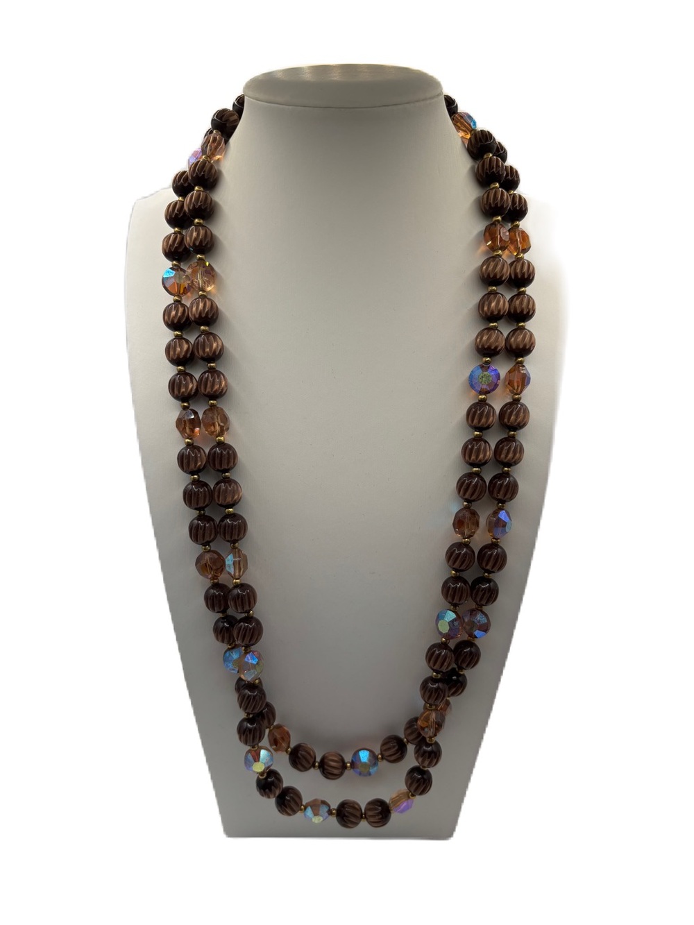 Double Strand Brown Beaded Necklace with Iridescent Accents - Women Jewelry